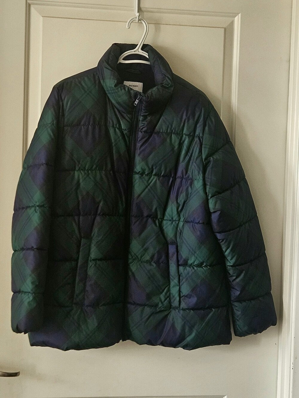 Women Quilted Plaid Puffer Jacket - Navy & Green Size XL